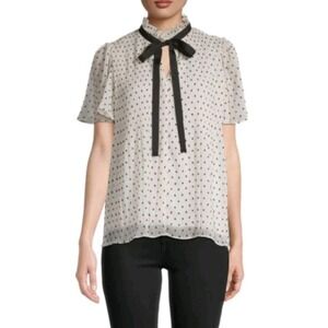 MAX STUDIO Accordion Pleats Blouse Short Sleeve Square Dot SZ M Retail $118 #204